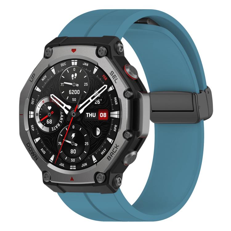 Rock blue silicone watch band with black folding buckle on an Amazfit T-Rex 3 watch