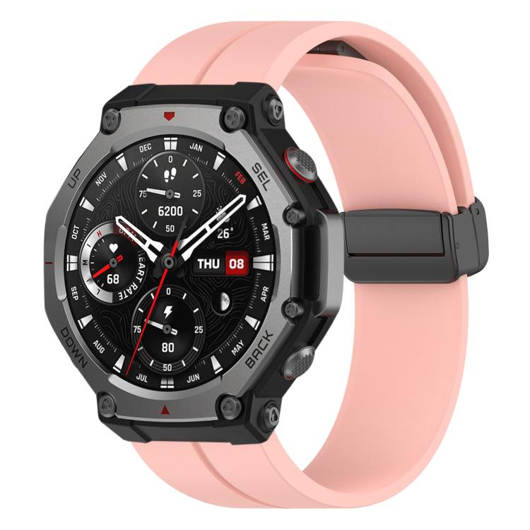 Light pink silicone watch band with black folding buckle on an Amazfit T-Rex 3 watch