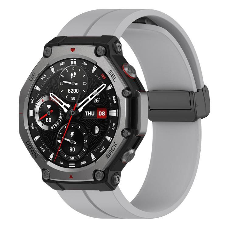 Light gray silicone watch band with black folding buckle on an Amazfit T-Rex 3 watch