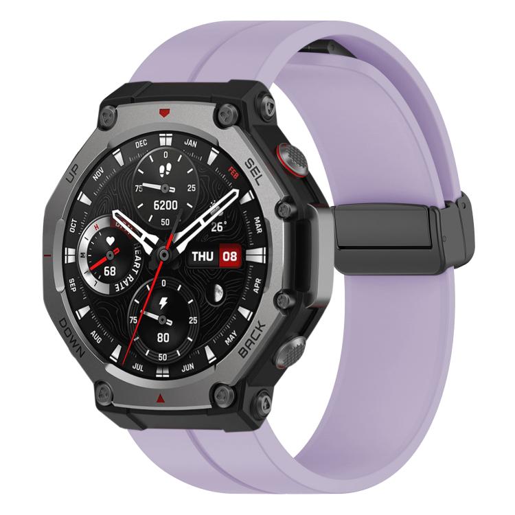 Purple silicone watch band with black folding buckle on an Amazfit T-Rex 3 watch
