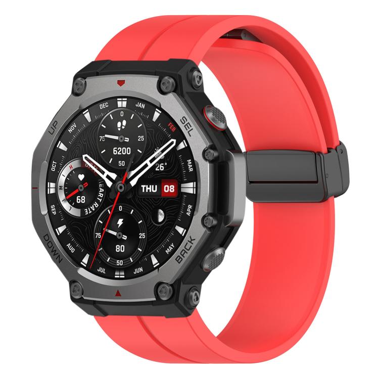 Red silicone watch band with black folding buckle on an Amazfit T-Rex 3 watch