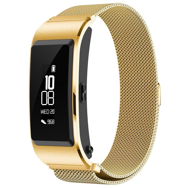 Gold Milanese stainless steel watch band with a rectangular black fitness tracker