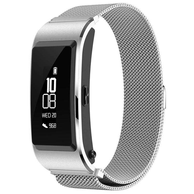 Silver stainless steel mesh watch band attached to a rectangular fitness tracker