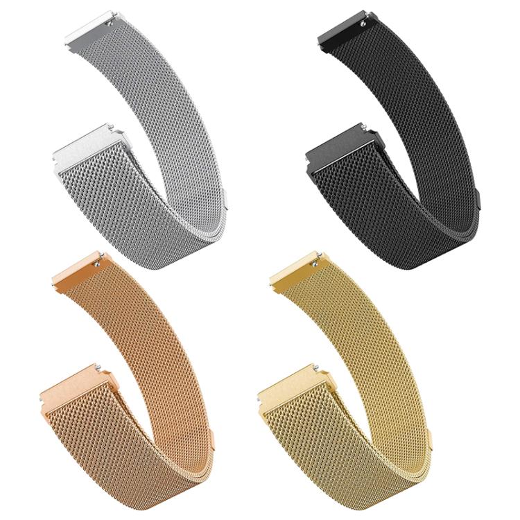 Stainless steel mesh watch bands in silver, black, rose gold, and gold