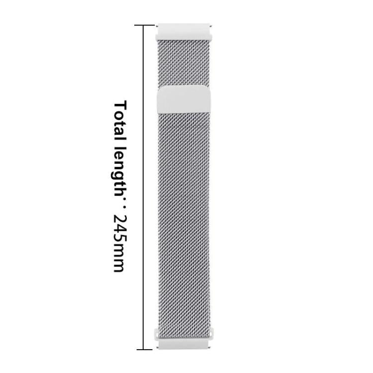 Silver stainless steel mesh watch band shown flat, with 245 mm total length marked