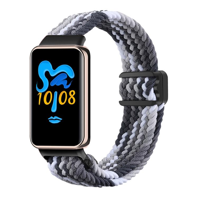 Honor Band braided nylon watch band in gray, white, and black with magnetic buckle.