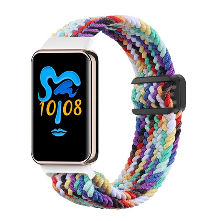 Colorful braided nylon watch band with black magnetic buckle, shown on a smartwatch