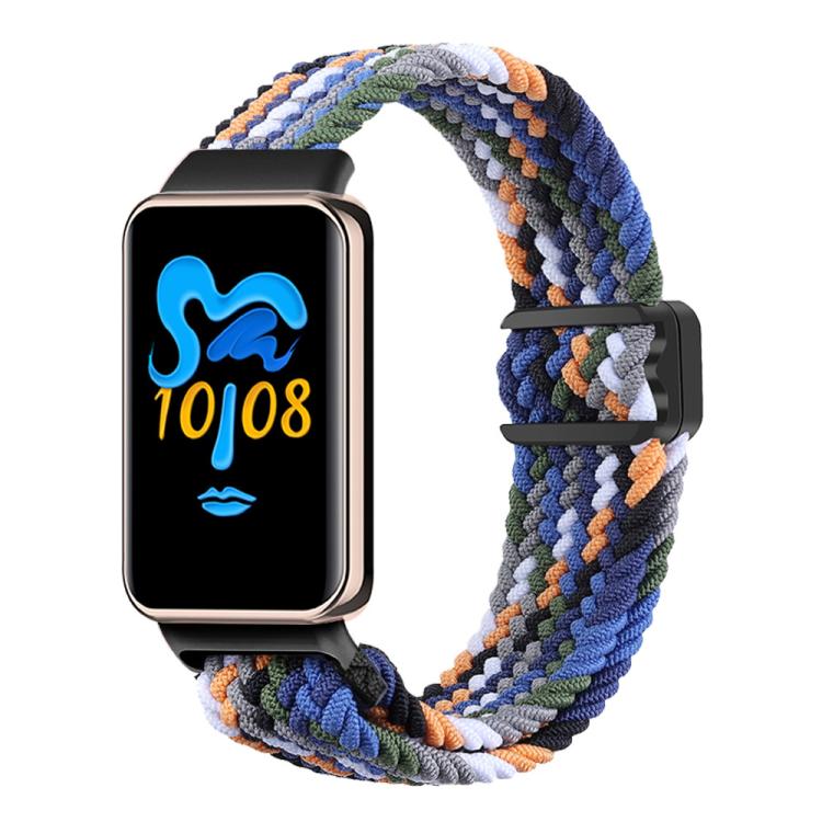 Blue, gray, and orange braided nylon watch band with black magnetic buckle