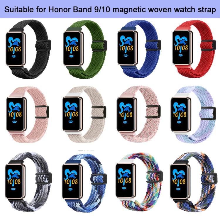 Braided nylon watch band color options, including black, green, blue, red, pink, and multicolor