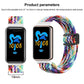 Colorful braided nylon watch band with magnetic buckle, shown fitted to a watch and beside it