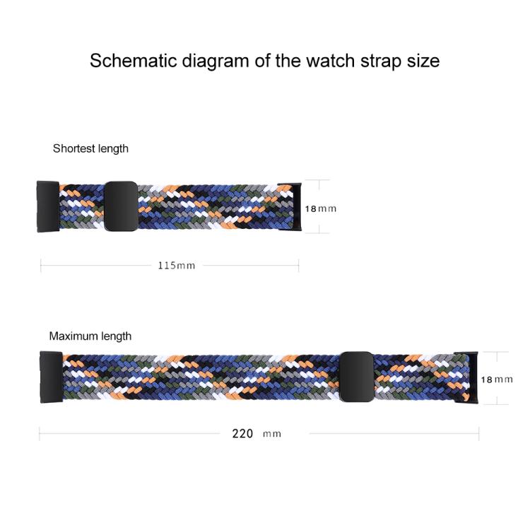 Blue, gray, and orange braided nylon watch band with magnetic buckle, shown at two lengths
