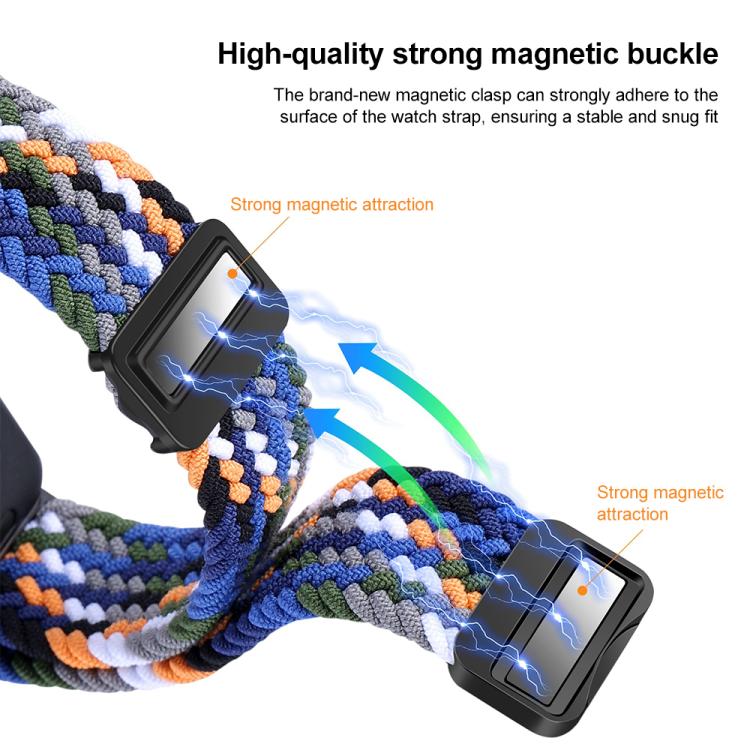 Blue, gray, and orange braided nylon band with magnetic buckle shown detached