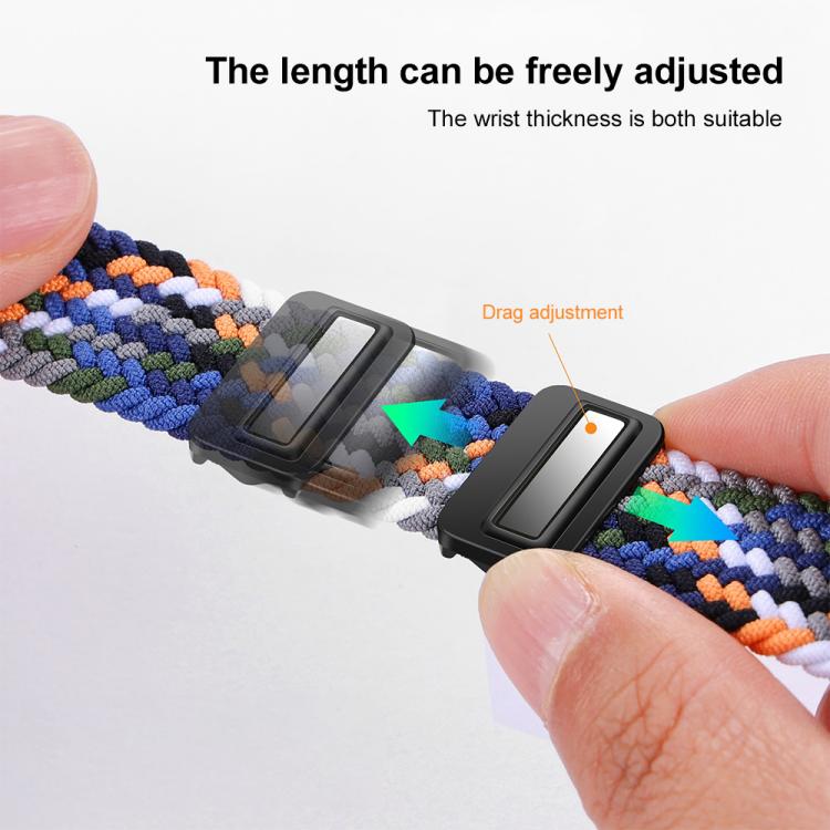 Blue, gray, and orange braided nylon watch band with sliding magnetic buckle adjustment