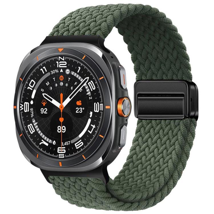 Dark green braided nylon watch band with a black magnetic buckle