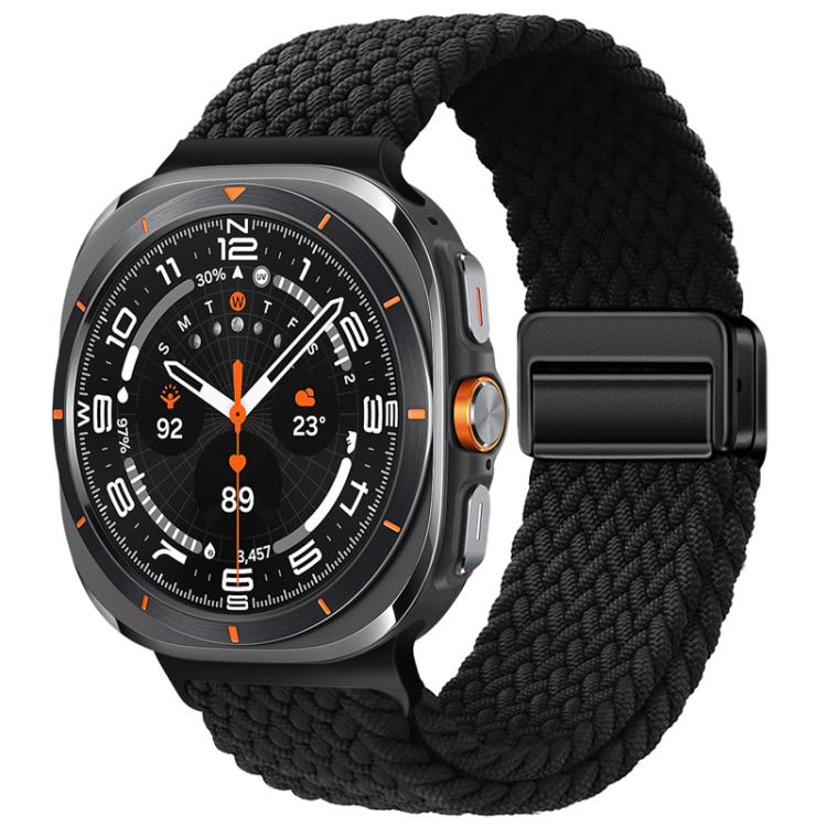 Black braided nylon watch band with magnetic buckle on a smartwatch