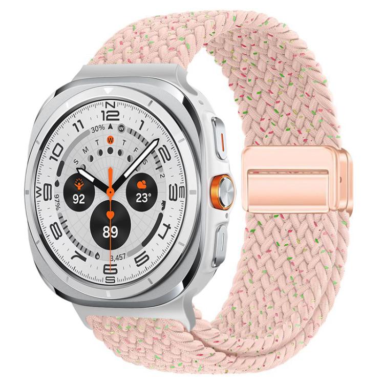 Pink braided nylon watch band with multicolor flecks and magnetic buckle