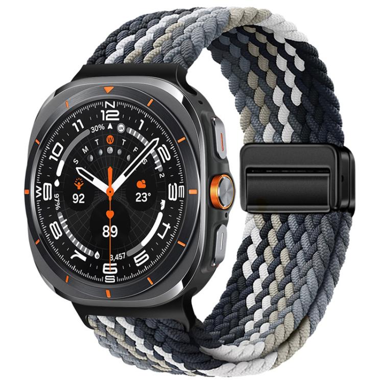 Braided nylon watch band in black, gray, and white with magnetic buckle