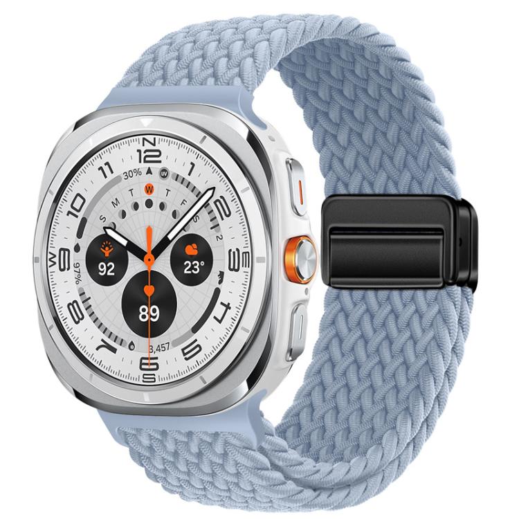 Light blue braided nylon watch band with magnetic buckle on a smartwatch