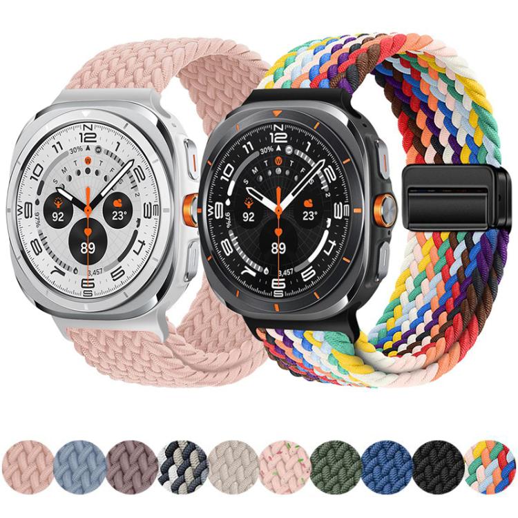 Braided nylon watch bands in pink and rainbow colors with magnetic buckles