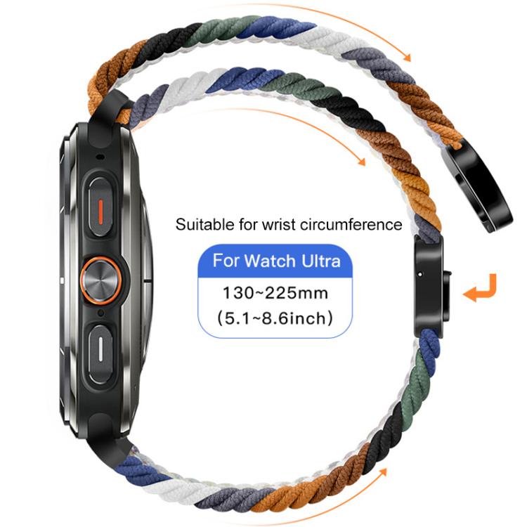 Multicolor braided nylon watch band shown adjustable around a wrist