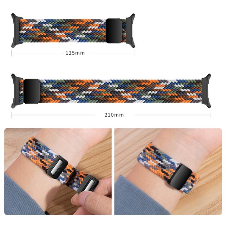 Multicolor braided nylon watch band in short and long lengths, shown worn on a wrist
