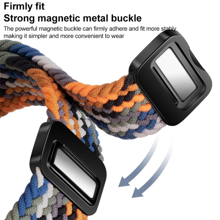 Close-up of the magnetic metal buckle on a multicolor braided nylon watch band