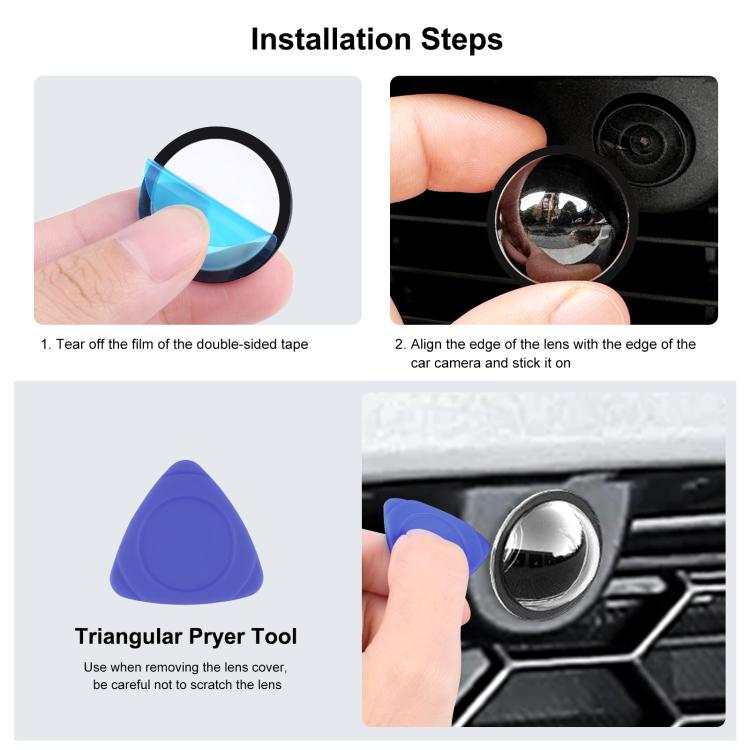 Installation kit: hands applying clear lens film and using triangular prying tool