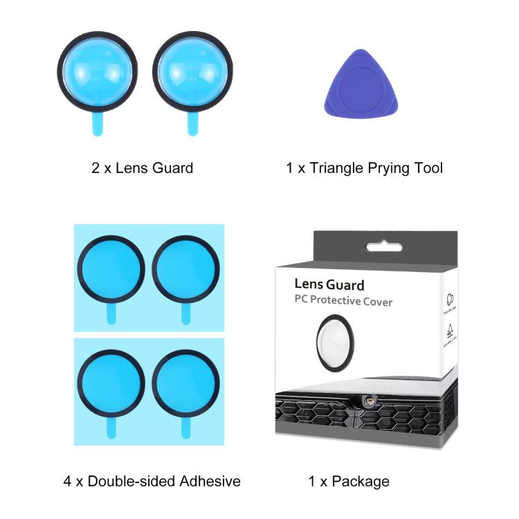 Lens guard kit contents: two clear guards, triangle tool, adhesive, and package