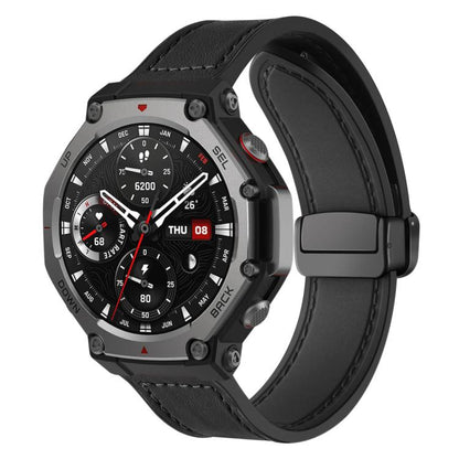 Black silicone watch band with stitched, leather-like pattern and magnetic folding buckle