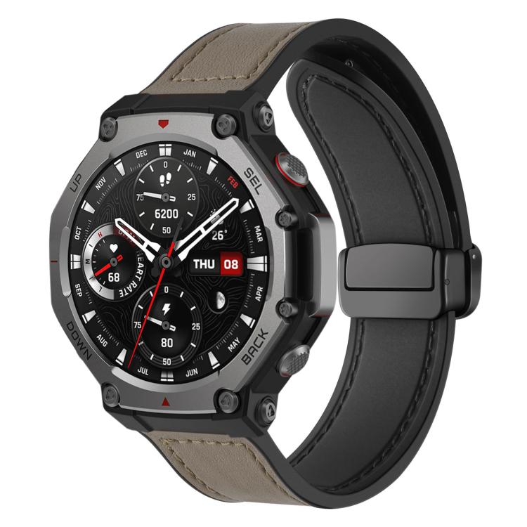 Taupe silicone watch band with stitched, leather-like pattern and magnetic folding buckle