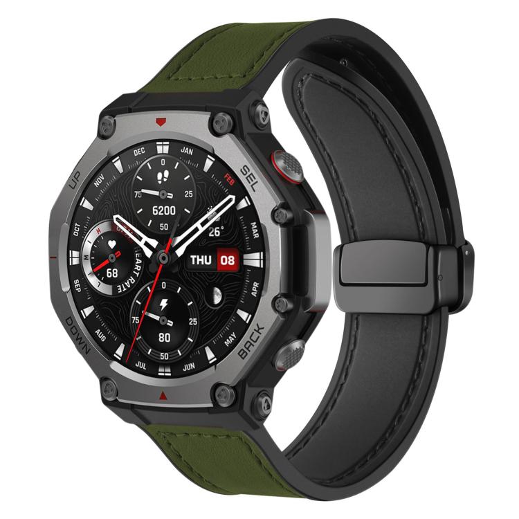 Army green silicone watch band with stitched, leather-like pattern and magnetic folding buckle