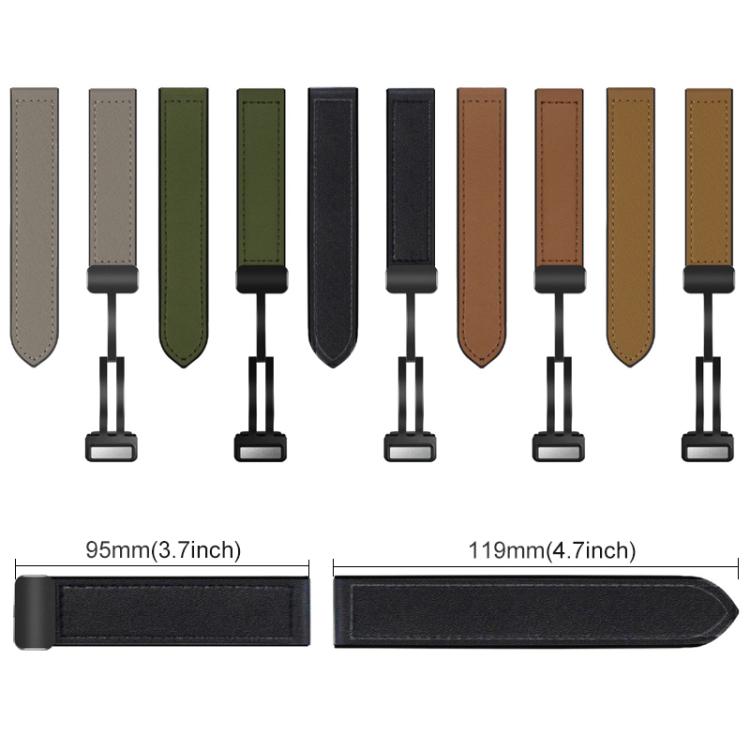 Five magnetic-buckle watch bands in taupe, green, black, brown and tan, with strap lengths shown