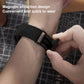 Black watch band worn on the wrist as its magnetic buckle is fastened