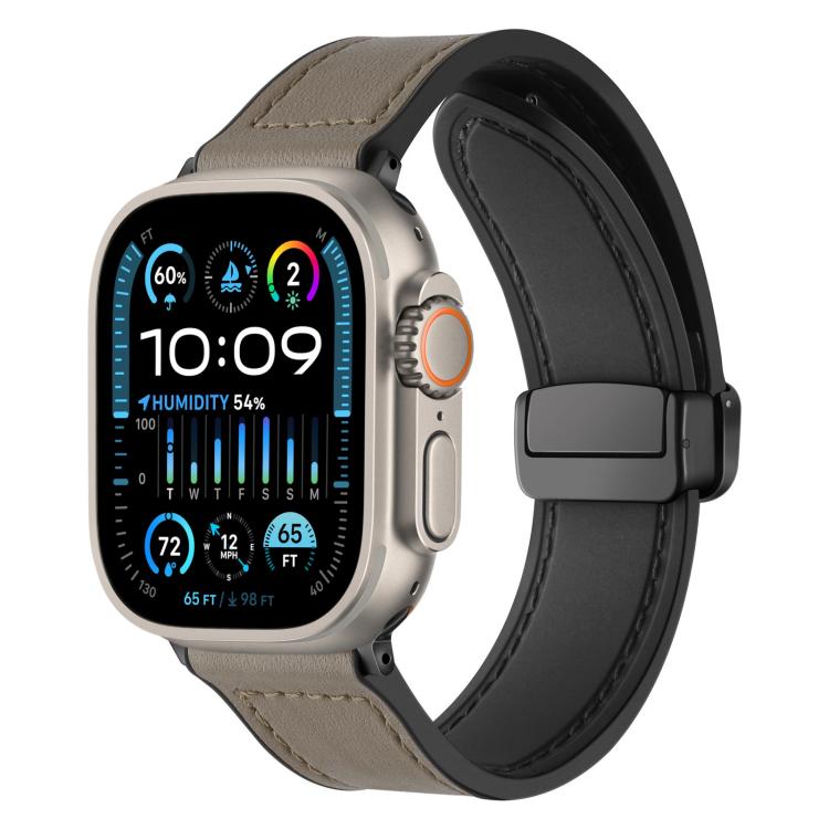 Taupe silicone watch band with stitched detail and magnetic buckle, shown on an Apple Watch.