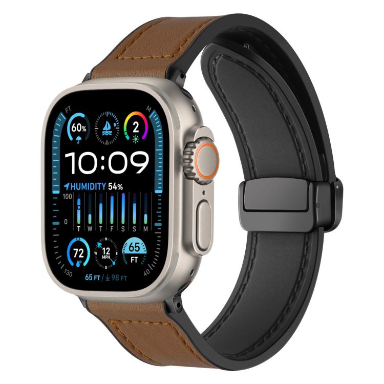 Light brown silicone watch band with stitched detail and magnetic buckle, shown on an Apple Watch.