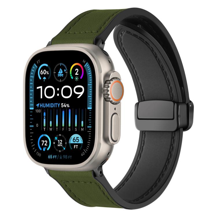 Army green silicone watch band with stitched detail and magnetic buckle, shown on an Apple Watch.