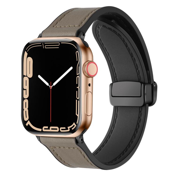 Taupe silicone watch band with stitched detail and magnetic buckle, shown on an Apple Watch.