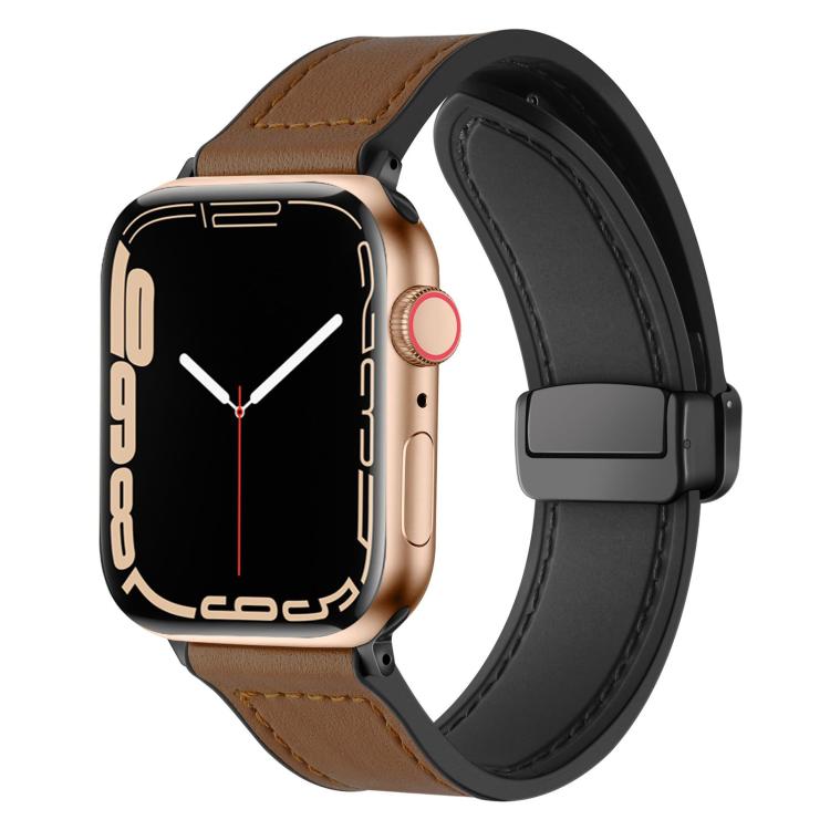 Dark brown silicone watch band with stitched detail and magnetic buckle, shown on an Apple Watch.
