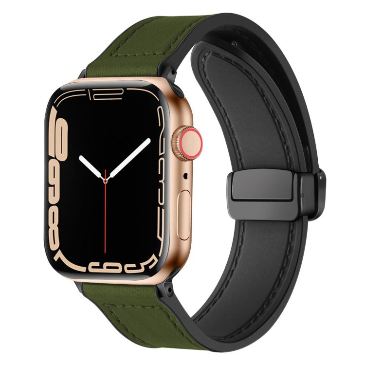 Army green silicone watch band with stitched detail and magnetic buckle, shown on an Apple Watch.