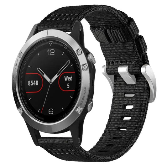 Black two-section nylon watch band fitted to a round smartwatch