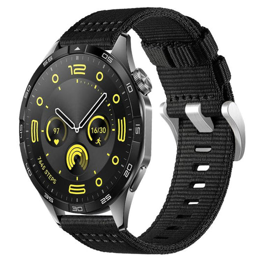 Black two-section nylon watch band fitted to a round smartwatch with yellow display