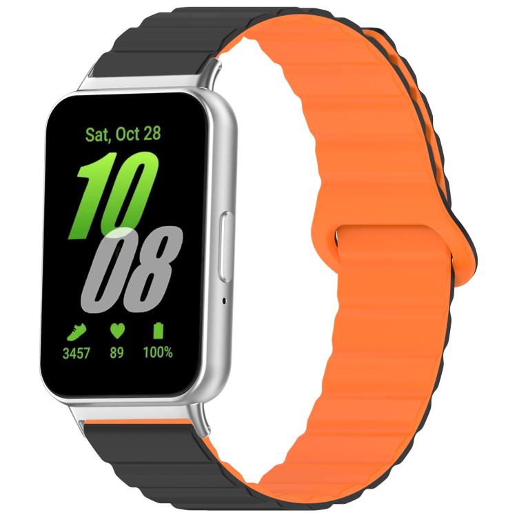 xDfind magnetic silicone watch band in orange and black, shown on a rectangular smartwatch