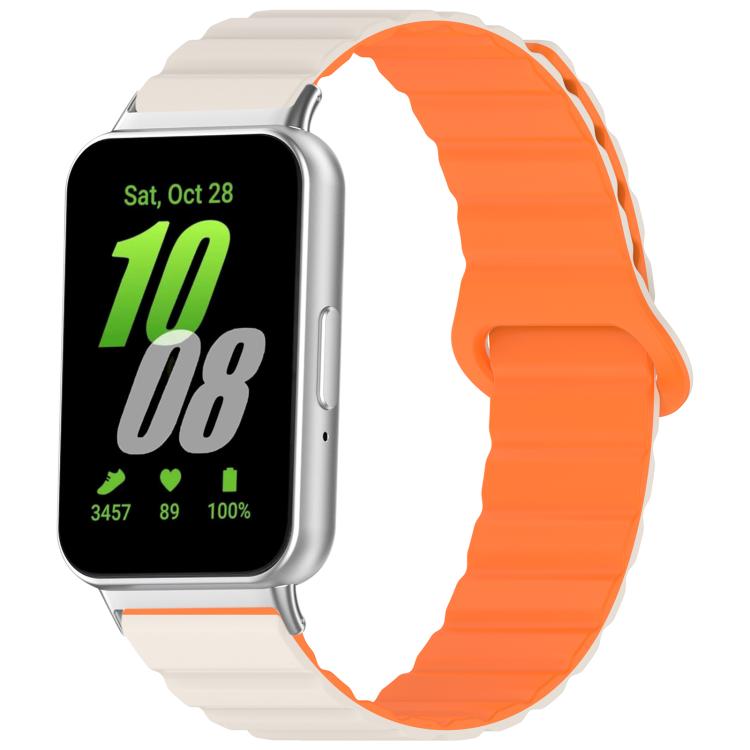 xDfind magnetic silicone watch band in orange and ivory, shown on a rectangular smartwatch