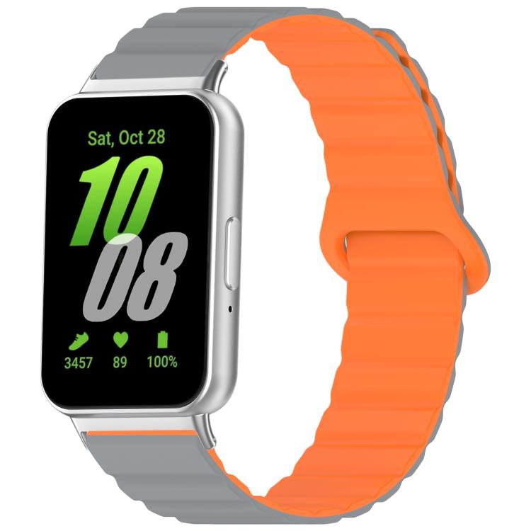 xDfind magnetic silicone watch band in orange and gray, shown on a rectangular smartwatch
