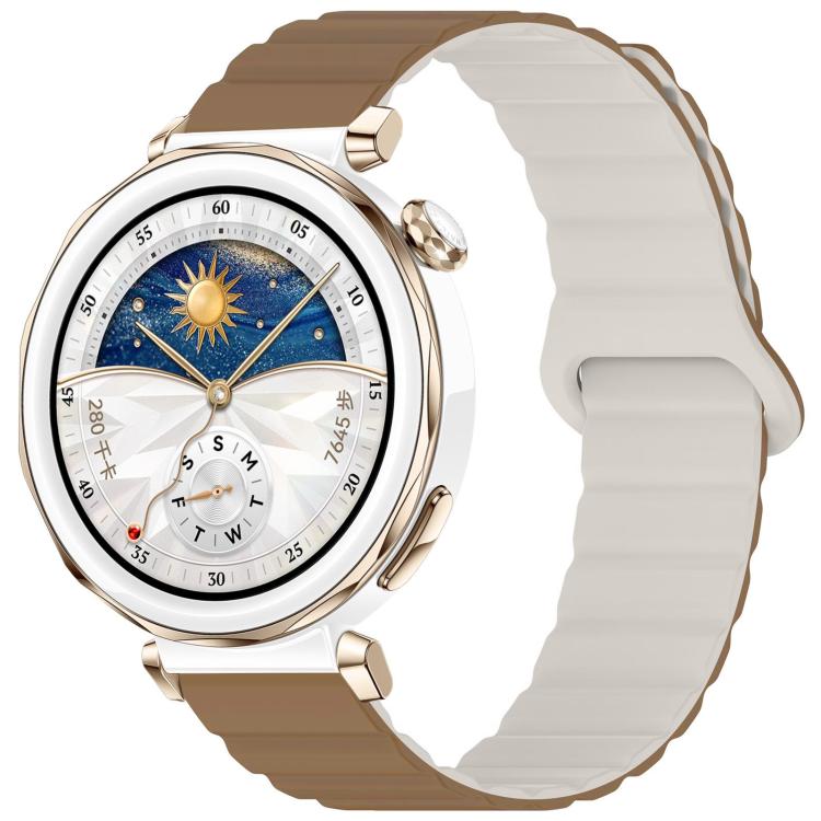 Two-tone glossy silicone watch band in brown and light gray, shown on a smartwatch.