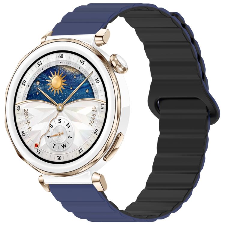 Two-tone glossy silicone watch band in dark blue and black, shown on a smartwatch.