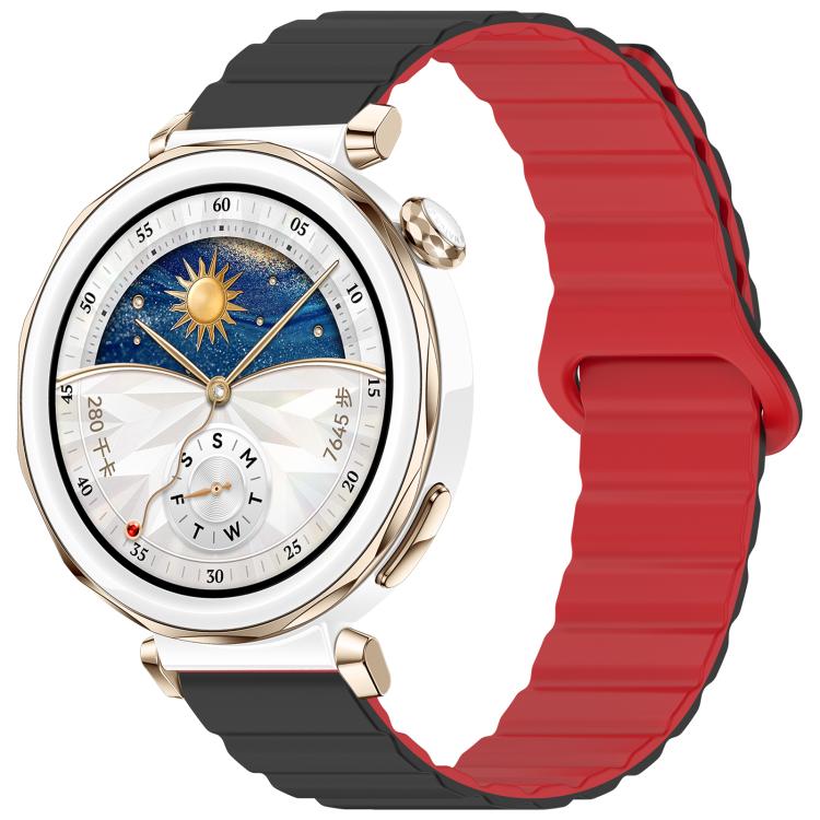 Two-tone glossy silicone watch band in black and red, shown on a smartwatch.