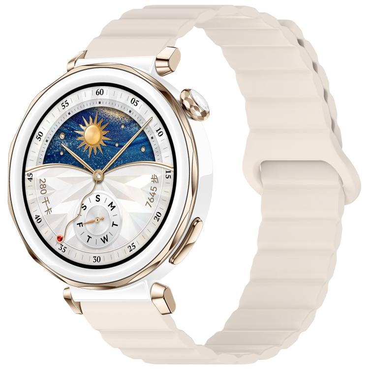 Glossy white silicone watch band with a magnetic loop closure, shown on a smartwatch.