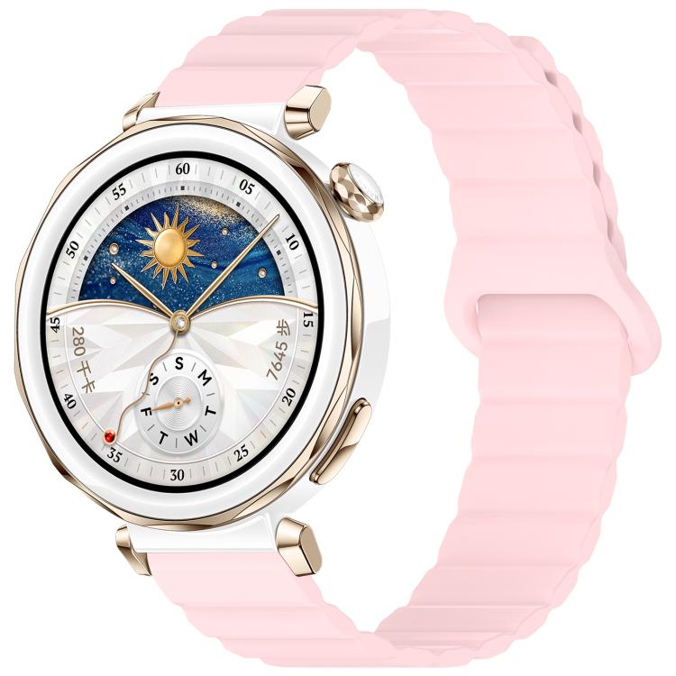 Glossy pink silicone watch band with a magnetic loop closure, shown on a smartwatch.