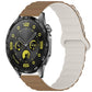 Two-tone glossy silicone watch band in brown and light gray, shown on a smartwatch.